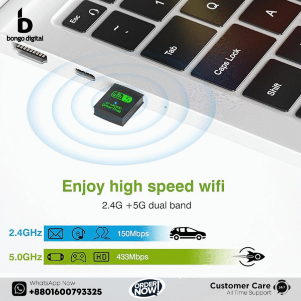 600Mbps Dual Band WiFi + Bluetooth Adapter For Windows PC/Laptop- (Driver Free Version, WiFi Hotspot Supported, 2.4GHz + 5GHz)